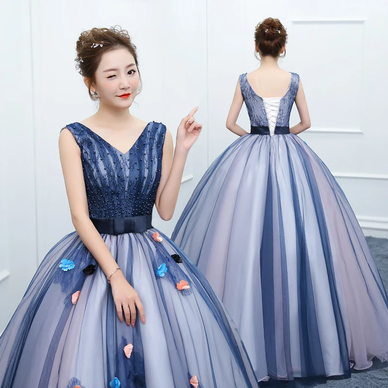 Синие Бальные платья с v образным вырезом тюль аппликацией жемчуг Vestidos De 15 Anos 16