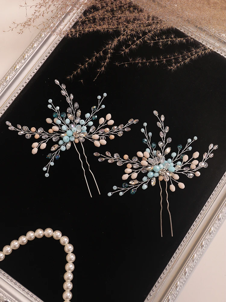 Bohe Wedding Hair Accessories Set Blue Rhinestone Crystal Bride Hair Pin and Earrings Women Ornaments Bridal Headwear