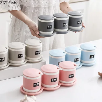 

Nordic Style Solid Color Ceramic Kitchen Seasoning Tank Set with Cover Salt Shaker Pepper Spice Jar Kitchen Accessories