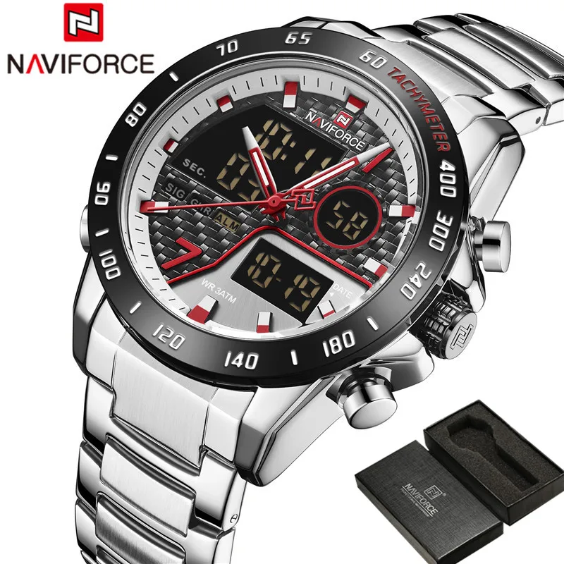 NAVIFORCE, модные мужские часы, кварцевые цифровые мужские часы, военные спортивные часы из нержавеющей стали, лучший бренд, роскошные серебряные мужские наручные часы 9171