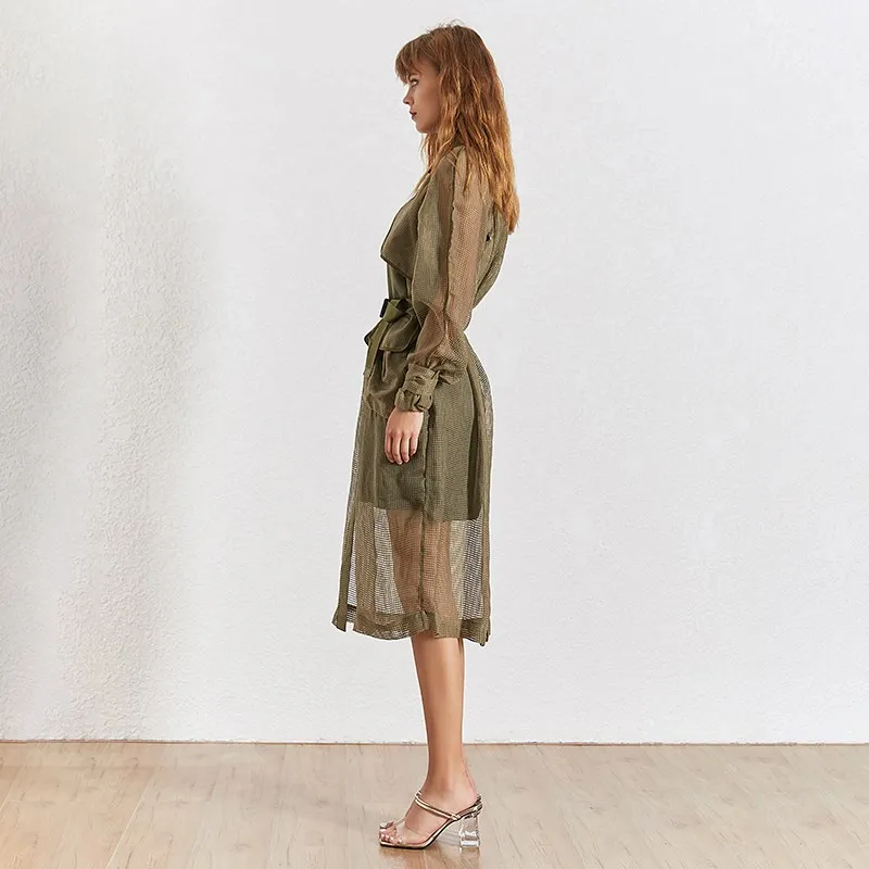 

Autumn Army Green Elegant Solid Coat Turn-Down Collar Women Lapel Half Sleeve Button Sashes High Waist Long Windbreaker