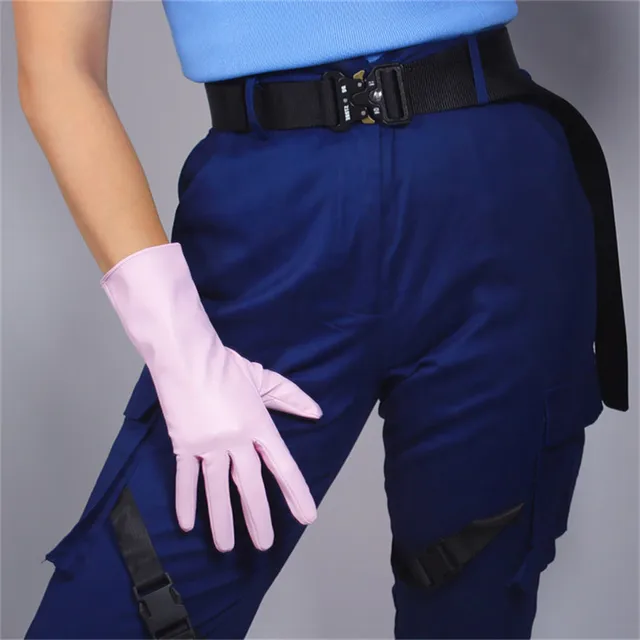 Newest Women PU Gloves Loose Long Faux Leather Glove 90cm Big Sleeve Amulation Sheepskin Light Pink Female WPU308 28cm