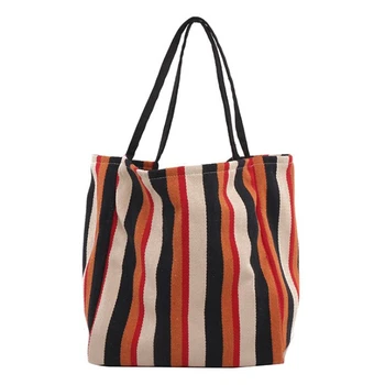 

AUAU-Women Beach Canvas Totes Bag Fashion Stripes Fabric Handbags Ladies Large Shoulder Bag Casual Shopping Grocery Bags