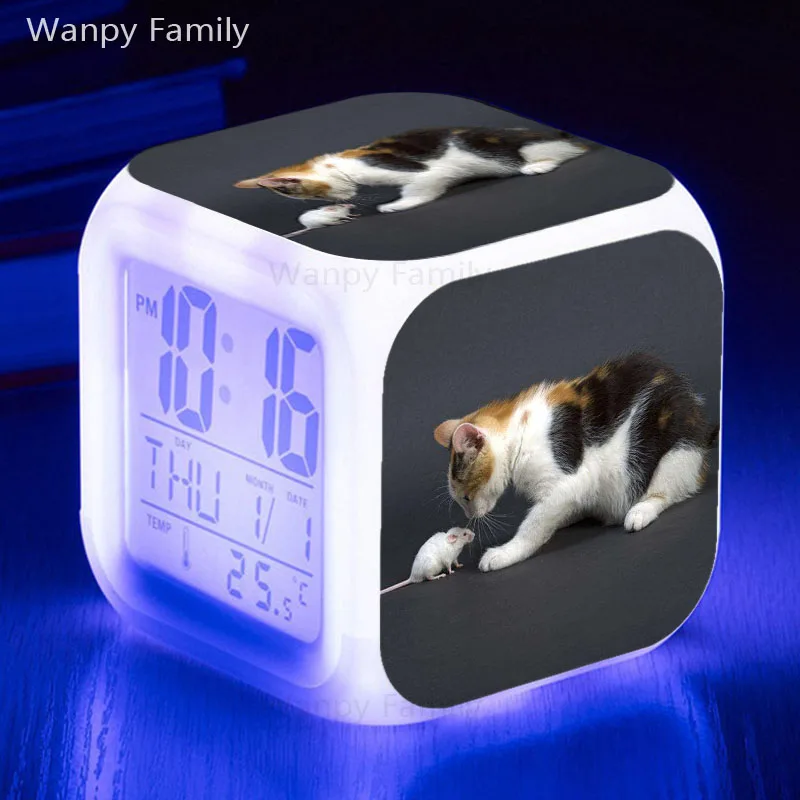 

Cat and Mouse Alarm Clock 7 Color Glowing LED Big Screen Digital Alarm Clock Kids Room Multifunction Touch Sensing Clock