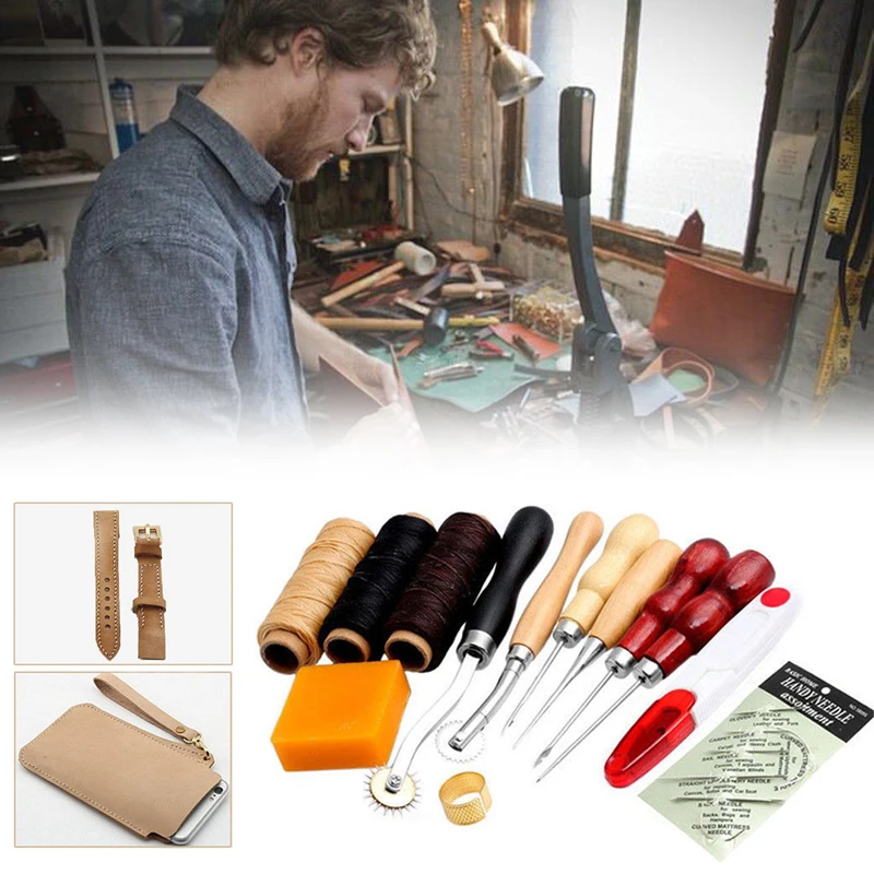13Pcs Leather Craft Stitching Stitch Sewing DIY Thread Awl Waxed Thimble Tools