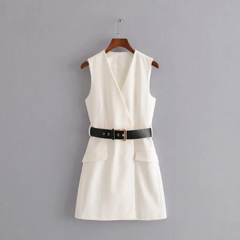 

women elegant white mini dress V neck sleeveless bow tie belt pockets female office wear stylish dresses vestidos