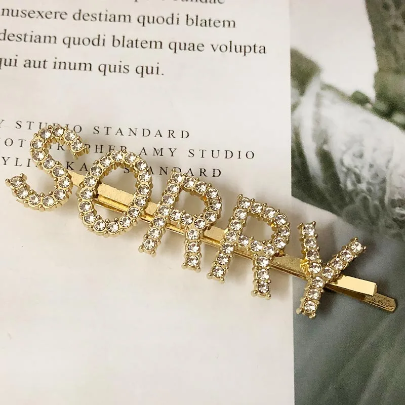 SORRY Gold 1 шт., заколки для волос с кристаллами и буквами, стразы, заколки для волос, заколки для волос, инструменты для укладки волос, аксессуары, ювелирный подарок - Цвет: SORRY Gold