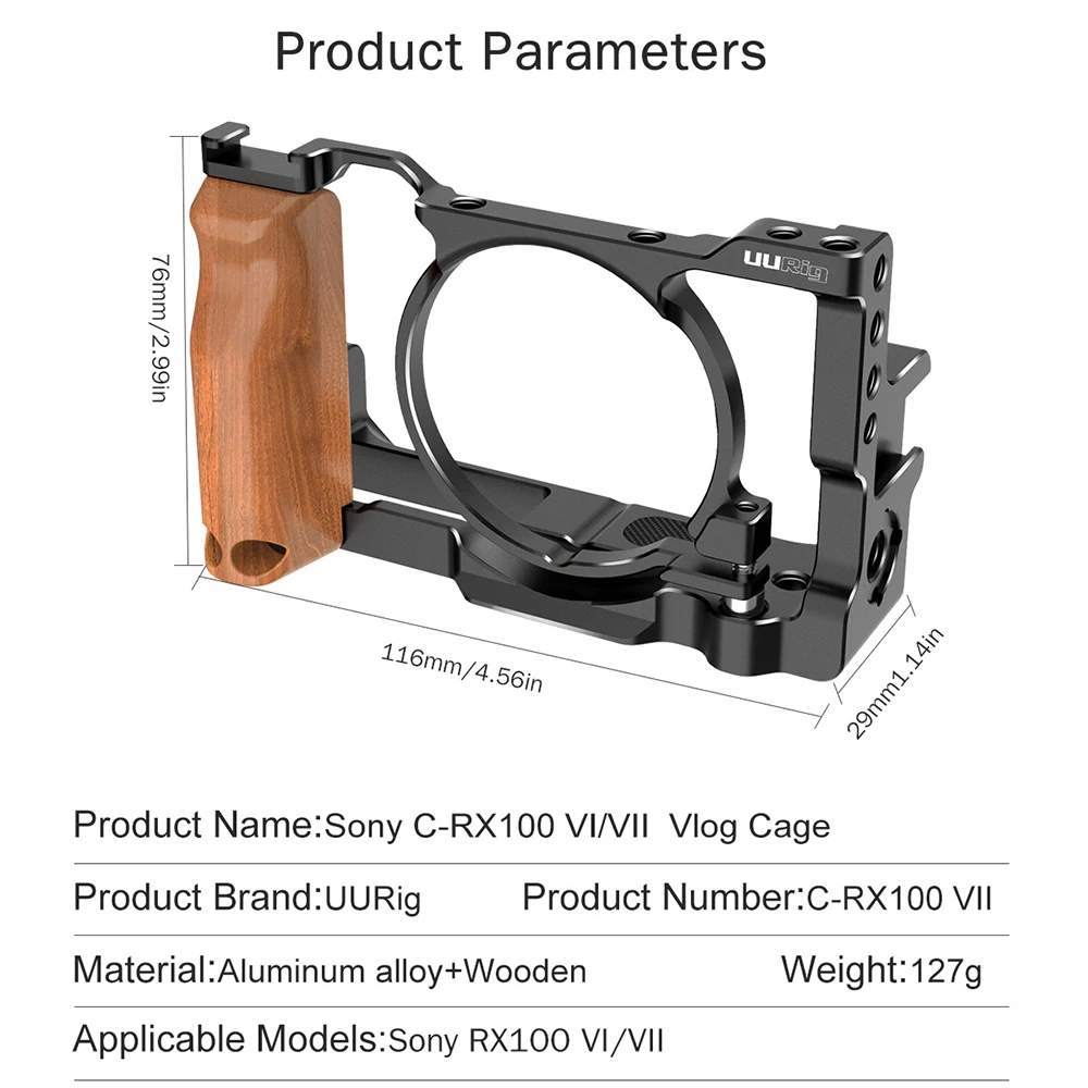  UURig Metal Camera Vlog Cage for Sony RX100 VI/VII Dual Cold Shoe Quite Release Plate with Wooden H