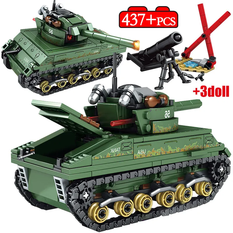 

437PCS legoingly Military WW2 Tank USA Sherman M4 Tank Model Building Blocks Soldier Figures Weapon Bricks Education Kids Toys