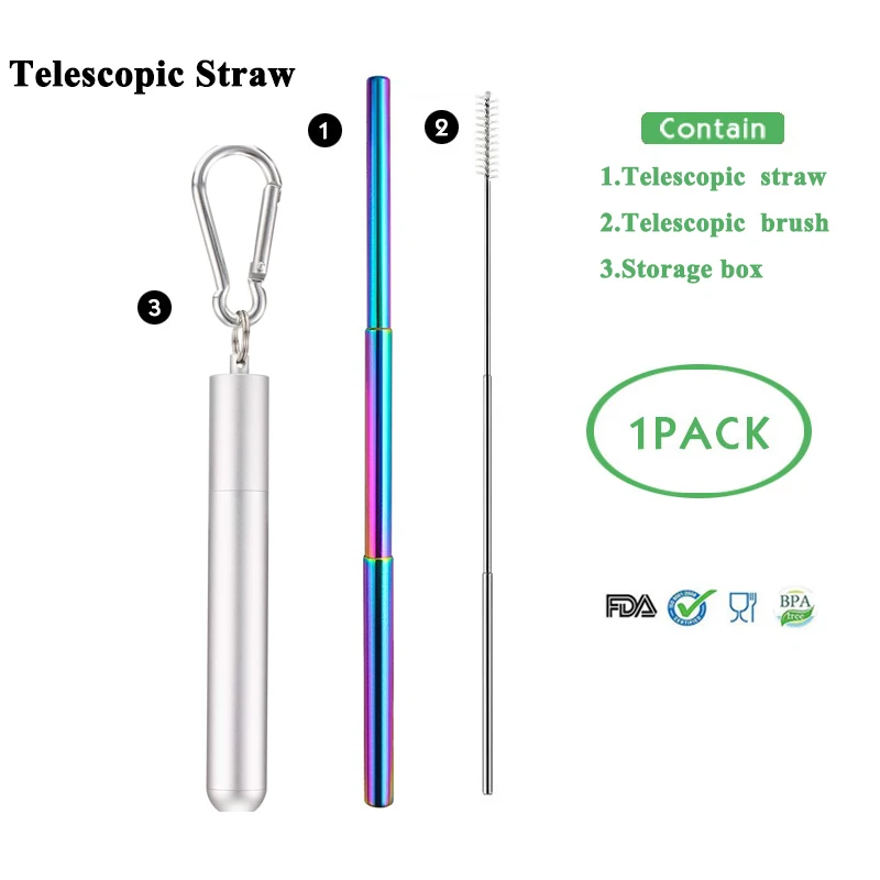 T-straw 3 Телескопическая металлическая соломенная Складная многоразовая солома портативная соломка из нержавеющей стали с чехлом и щеткой для путешествий на открытом воздухе - Цвет: T-straw 3