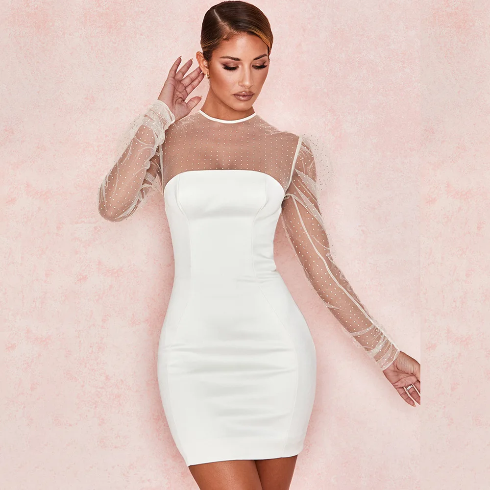 Криптографическое шикарное Сетчатое платье с пышными рукавами женские вечерние облегающие белые мини-платья с открытой спиной Vestidos - Цвет: white