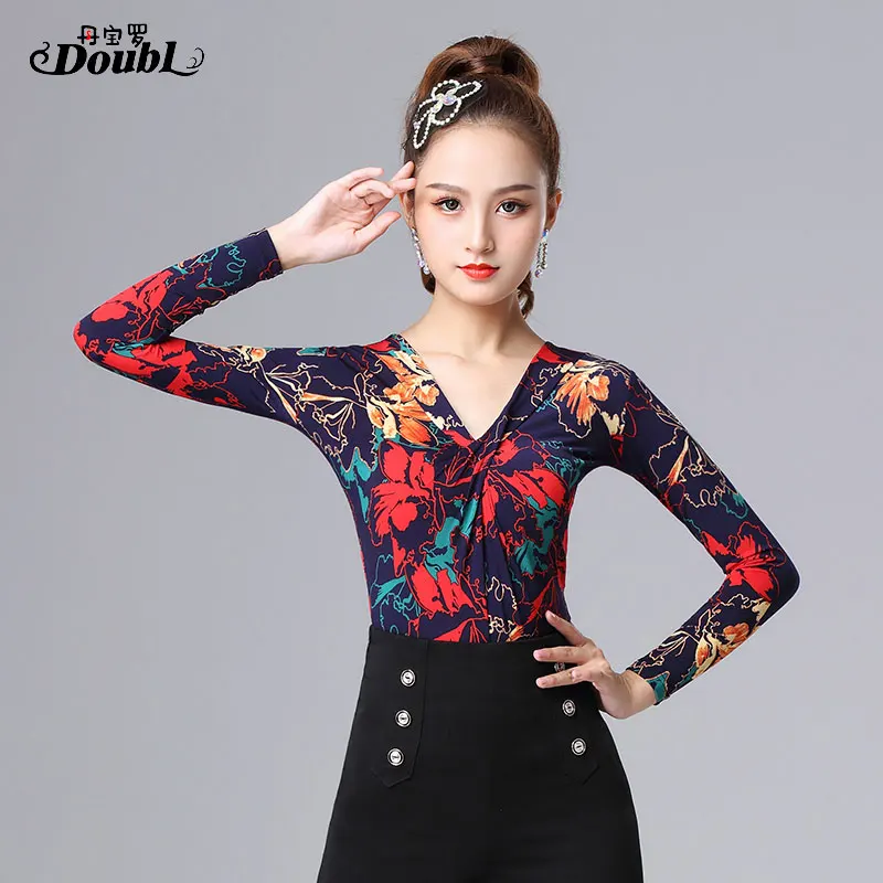 DOUBL Latin Dance Top Long Sleeve Female Adult National Standard Practice Dress Social Dance Stage Performance Dance Workout