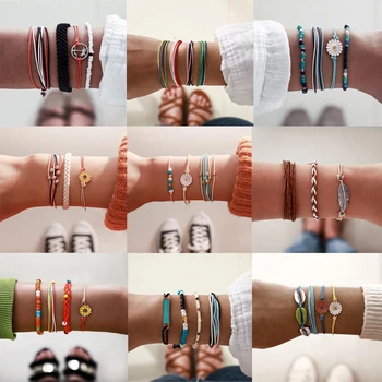 

Tocona 18 Style Bohemian Colorful Rope Bracelets for Women Leaf Flowers Hollow Geometry Bead Leaf Summer Jewelry Accessories
