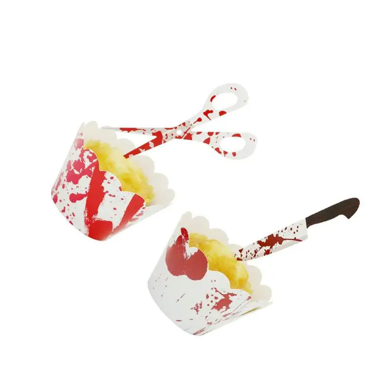 48Pcs Baking Blood Handprints Paper Cake Wrappers Safe Sharp Tool Shaped Fun Cake Toppers for Home Bakery Dessert House