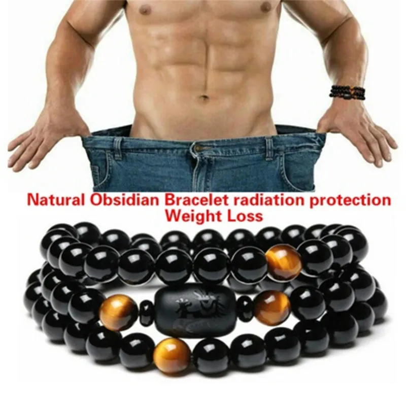 1PCS Weight Loss Round Black Stone Magnetic Therapy Bracelet Health Care Magnetic Hematite Stretch Bracelets For Men Women