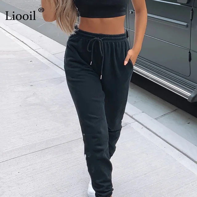 Liooil Sexy High Waist Loose Fleece Sweatpants Trousers With Pocket 2021 Fall Winter Black White Baggy Joggers Women Sweat Pants 5