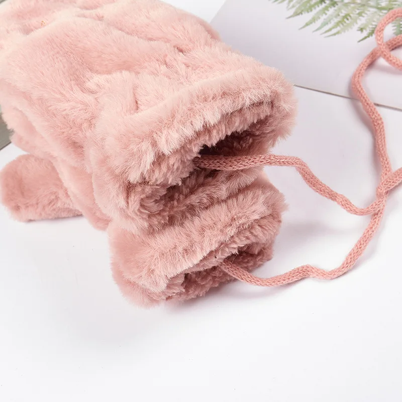Cute Plush Winter Baby Gloves Kids Boys Girls Gloves Thick Warm Rope Full Finger Mittens Fashion Soft Children Gloves 5-8T
