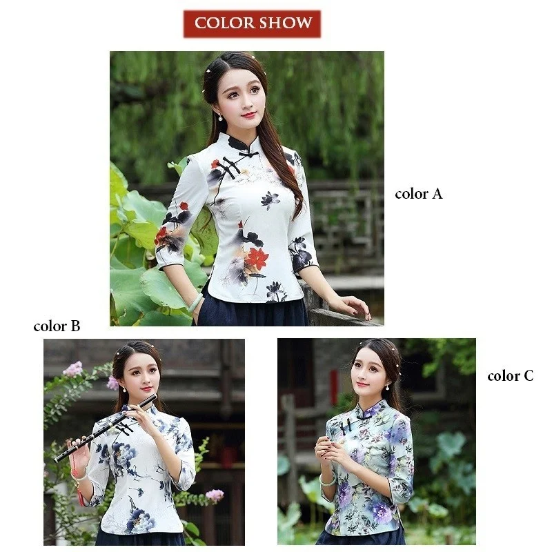 Woman Plus Size Chinese Style Shirts Top Folk Seven-Sleeve Improvement Cheongsam Qipao Tops Cotton Ink Painting Vintage Clothing