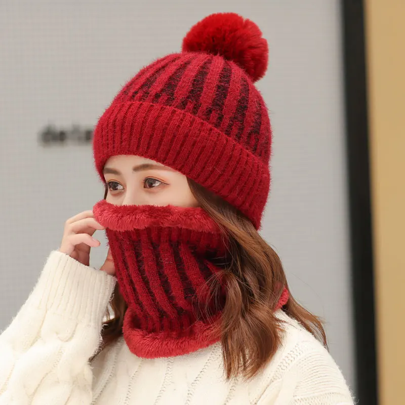 2019 зимняя женская вязаная шапка шарф комплект из 2 предметов Женский плюс бархат утолщение ветрозащитный шапки для улицы Велоспорт теплые