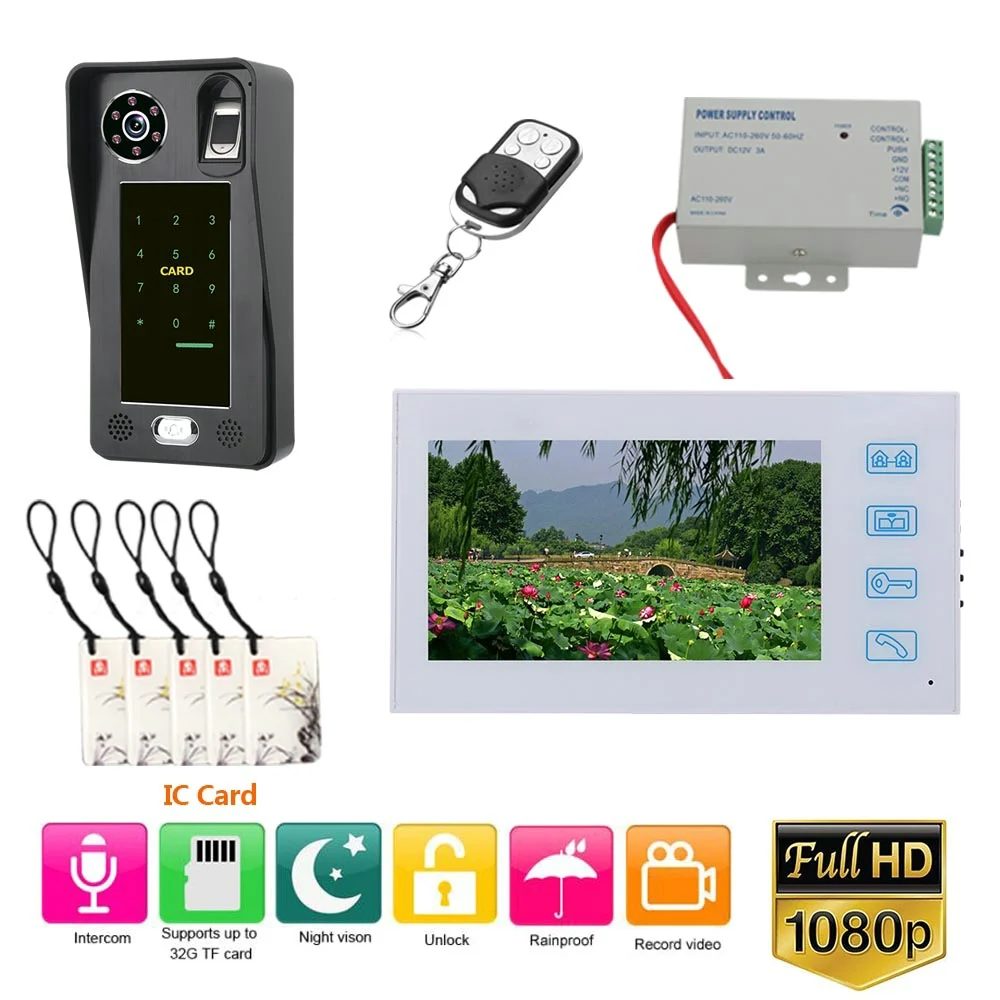 7 inch Record Wired Video Door Phone Doorbell Intercom System with Fingerprint RFIC Card AHD 1080P Camera