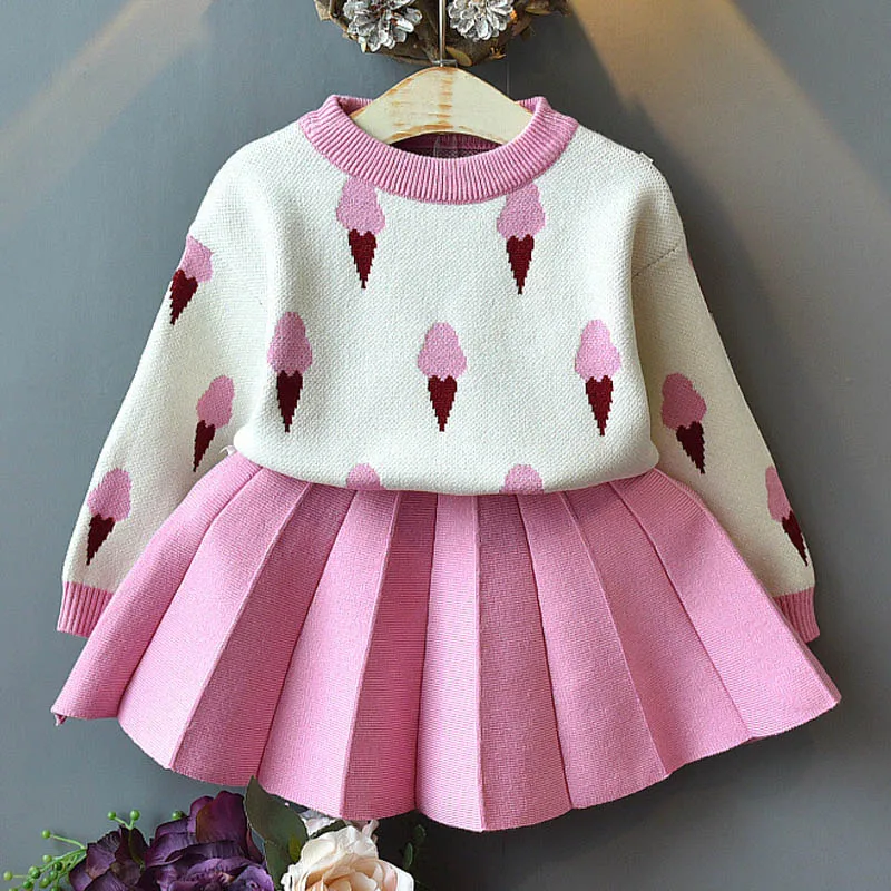 Melario Baby Girls Dresses Kids Knit Wear Clothes Spring Autumn Children's Sweater Girl Ice Cream Dress Suit Children Costume - Цвет: AH131 Pink