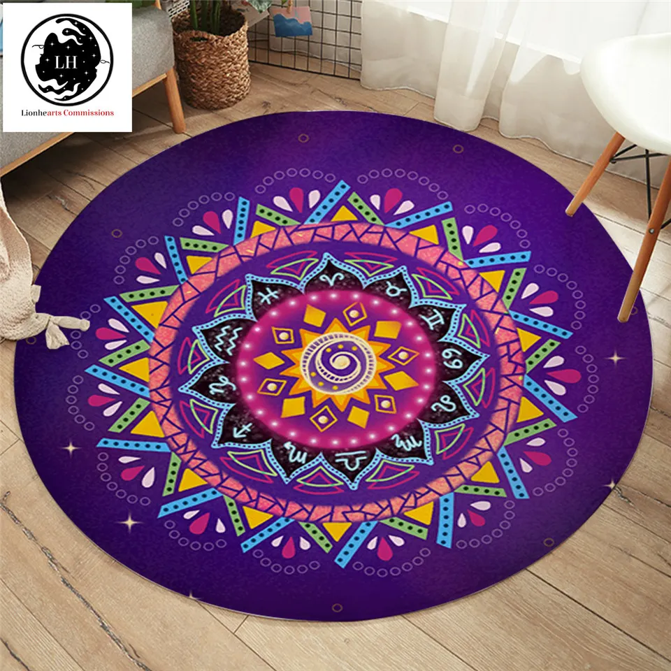Zodiac Mandala by Lionhearts Bedroom Carpets Purple Round Area Rug for Living Room Bohemian Floor Flower Play Mat 150cm | Дом и сад