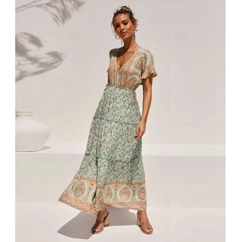 

Jastie Boho Floral Printed Maxi Dress V Neck Sexy Ruffle Sleeve Vintage Vestidos 2020 Summer Hippie Beach Casual Women Dresses