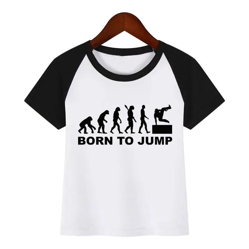 Футболка с принтом «сделай сам» для мальчиков и девочек «Evolution of Parkour Born To Jump» забавная Одежда для маленьких детей Детская летняя футболка