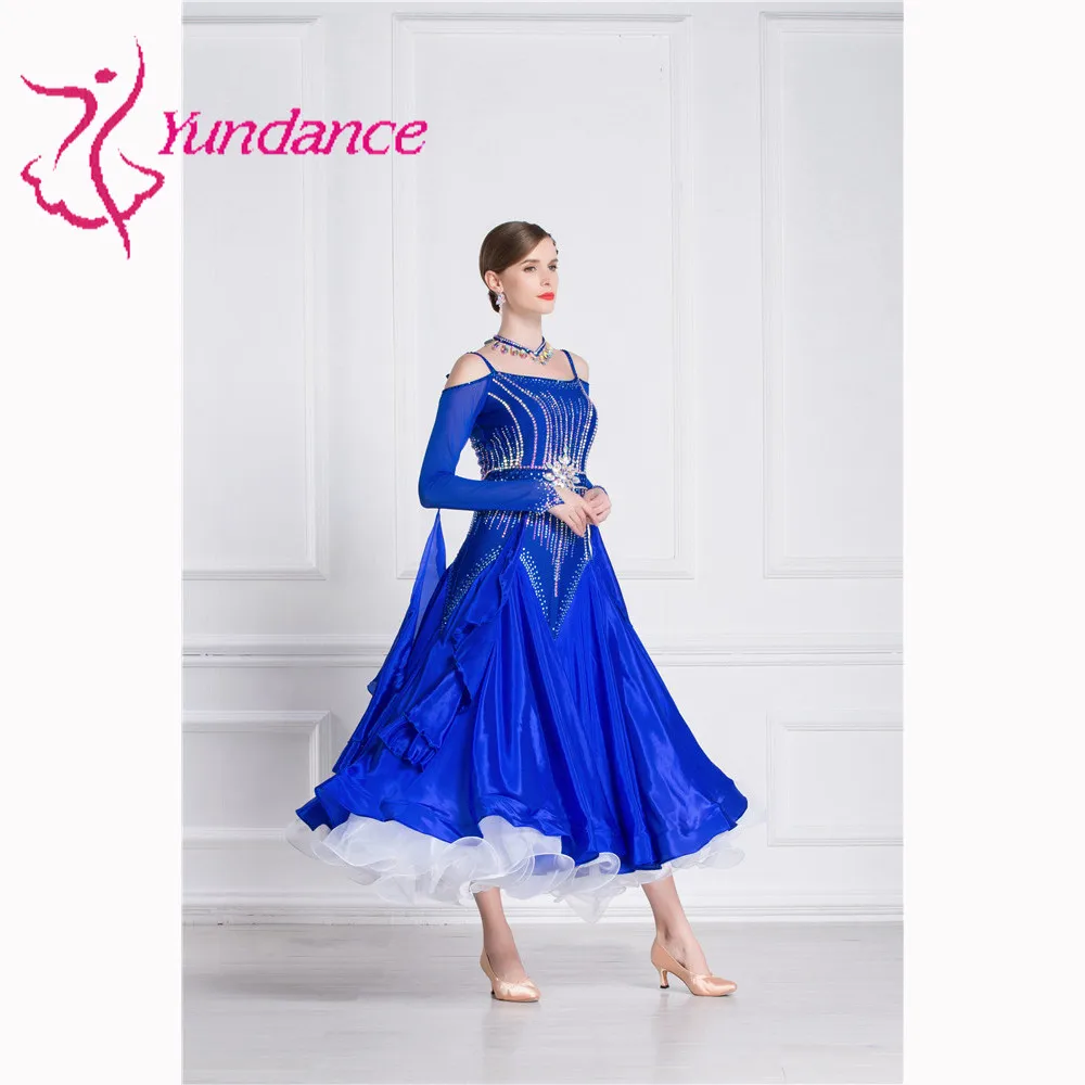 B-18415, сексуальное кружевное платье для бальных танцев для женщин, длинные рукава, вальс, Танго, платья для танцев, стандартное бальное платье синего цвета