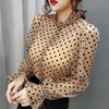 Spring Popular Girls dot Blouses Shirts Tees Female Stand Neck Full Flare Sleeve Elasticity Blouses With Tank 2 PCS Top 1