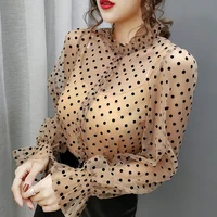 Spring Popular Girls dot Blouses Shirts Tees Female Stand Neck Full Flare Sleeve Elasticity Blouses With Tank 2 PCS Top 1