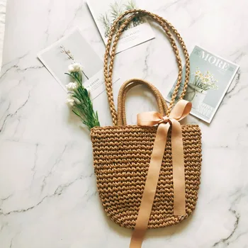 

Simple Straw Circular Square Women Shoulder Bag Handmade Woven Bohemian new Handbag Summer Beach Lady Large Capacity Wicker Tote