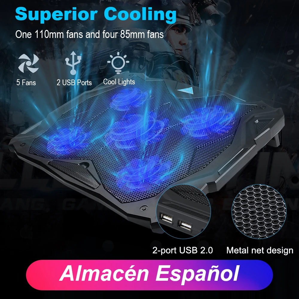 

TeckNet Quiet Laptop Cooling Pad Stand With 5 Fans at 1500 RPM and Blue LED Laptop Cooler fits 12"-17", Adjustable Wind Speed