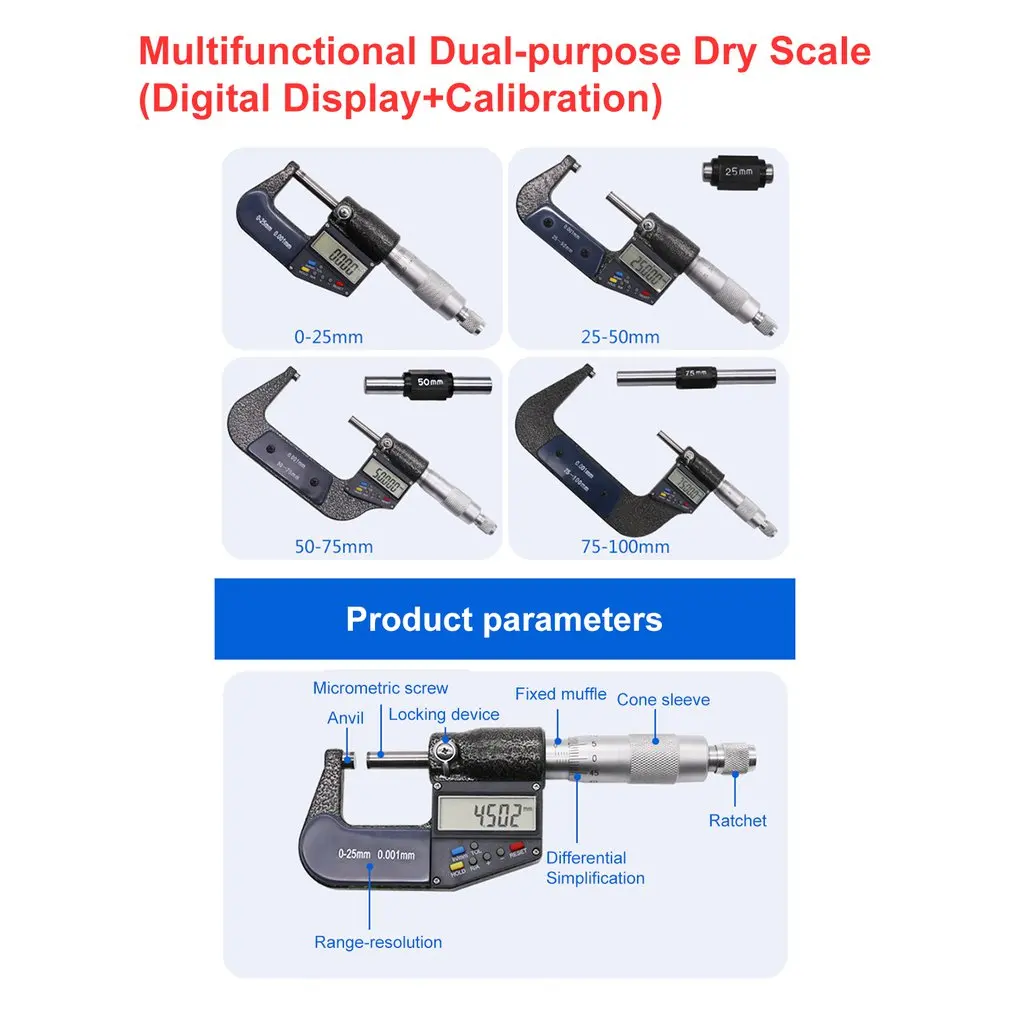 LCD Digital Outside Micrometer 0-25mm/0.001mm Electronic Gauge Vernier Caliper Meter 7 keys Carbide Tip Measuring Tools Sale