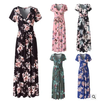 

2019 Spring And Summer Printed Short-sleeve Dress Europe And America Hot Selling Women's Dress Beach Long Skirts Formal Dress