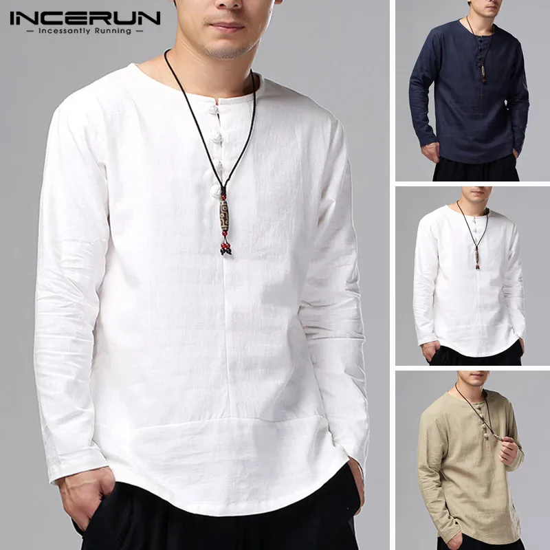 

INCERUN Men's Shirt Long Sleeve Solid Button Breathable Kung Fu Vintage Tops Cotton Chinese Style Men Casual Shirts Camisa 2019