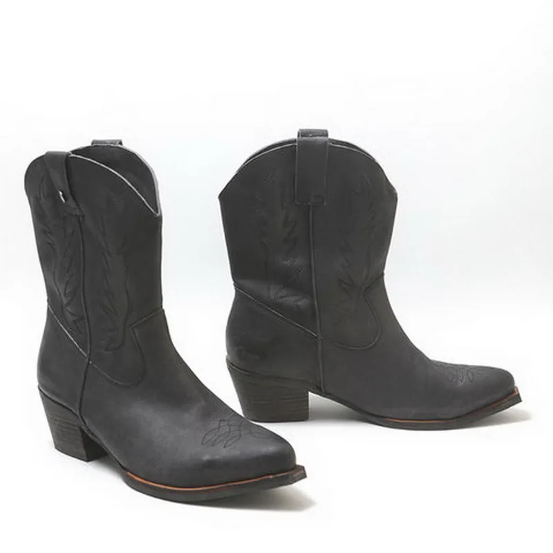 Новые Классические ковбойские ботинки с вышивкой для женщин; кожаные женские ковбойские ботинки; обувь на низком каблуке; женские сапоги до колена