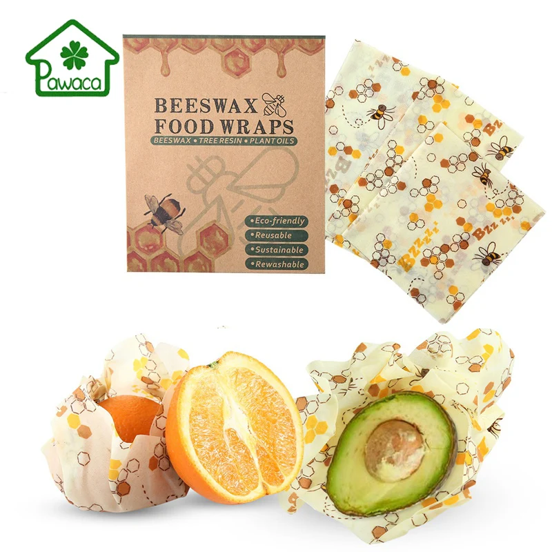 

3Pcs Reusable Beeswax Wrap Sandwich & Food Wrap Washable Plastic-Free Lunch Seal Storage Cloth Snack Food Fruit Wrapper 3 Sizes
