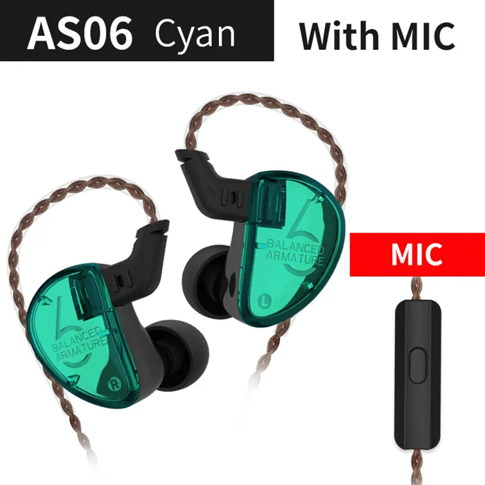 Cyan mic KZ AS06+ 3BA сбалансированная арматура драйвер HIFI бас в ухо монитор спортивная Гарнитура шумоподавления наушники ZSNPRO ZS10PRO AS10 ZST - Цвет: Cyan mic