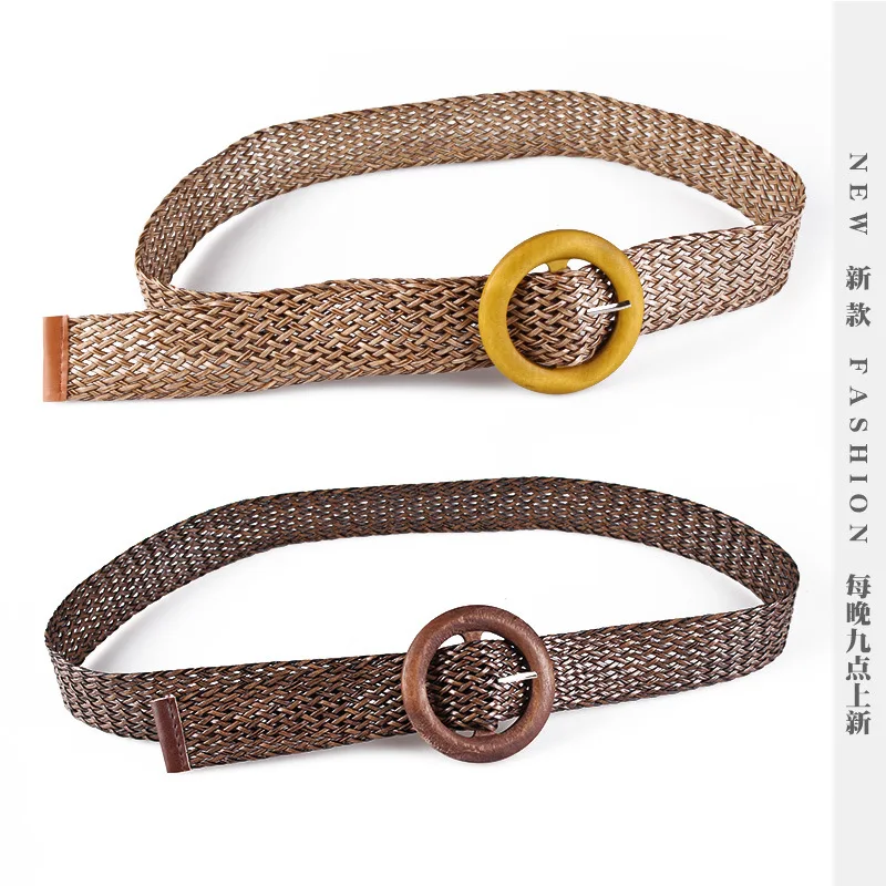 

New Vintage Knitted Wax Rope Wooden Bead Waist Rope Women Smooth Buckle Belt Woman Woven Female Hand-Beaded Braided Belt BZ24