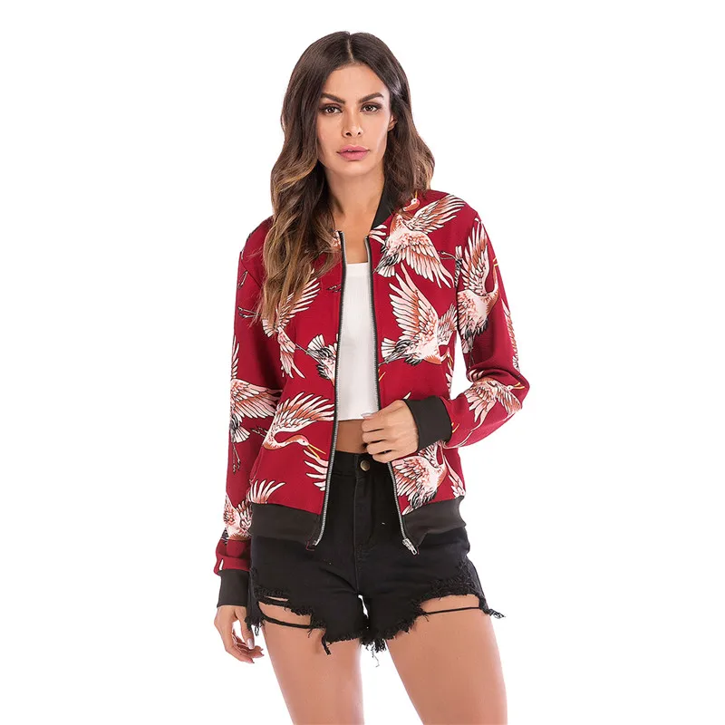 

Coat Women Jacket Autumn Plus Size Female Outwear Casual Chinese Style Crane Print Cotton Zipper O Neck Pocket 2XL