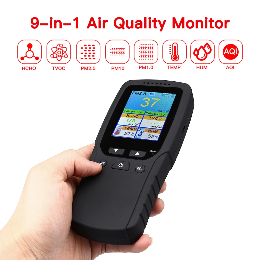 Monitor 9 en 1 de calidad del aire interior al aire libre PM2.5, PM1.0, PM10, HCHO, Detector de TVOC Meter Tester Sensor de temperatura y humedad
