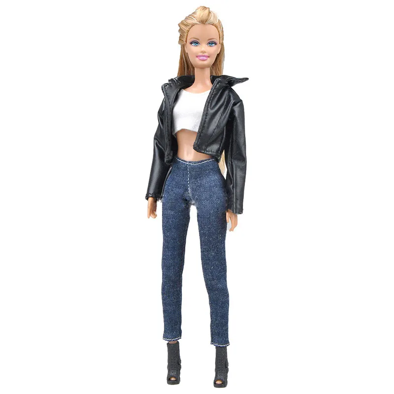 1 комплект кожаные пальто Одежда для куклы Барби Модное пальто джинсы брюки для девочек футболка с короткими рукавами одежда ручной работы для кукольный домик Barbie аксессуары