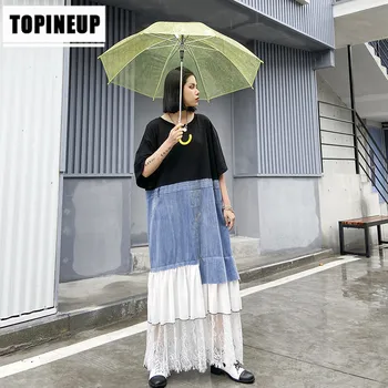 

Summer Short Sleeve Long Large Size Stitching Mesh Lace Dress Round Neck Splice Popular Comfortable Polyester Dresses For Women
