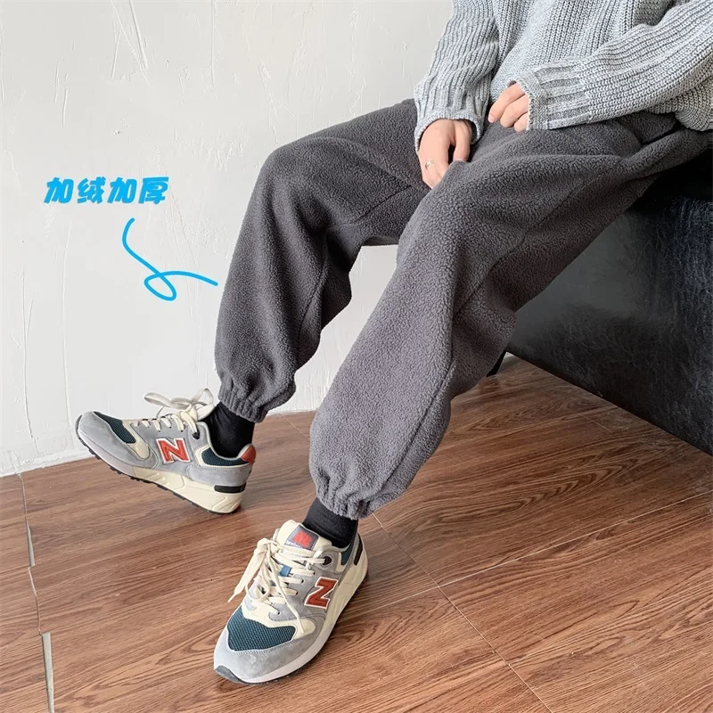 Winter Plus Velvet Padded Pants Men's Warm Fashion Casual Lamb Hair Pants Men Streetwear Wild Loose Joggers Sweatpants Mens - Цвет: gray