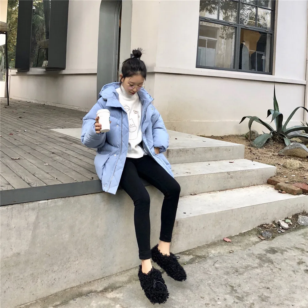 

2018 Autumn And Winter New Style Small Yellow Duck Cotton Coat Versatile Significant Leg Length Short Hooded Pocket Cotton Coat