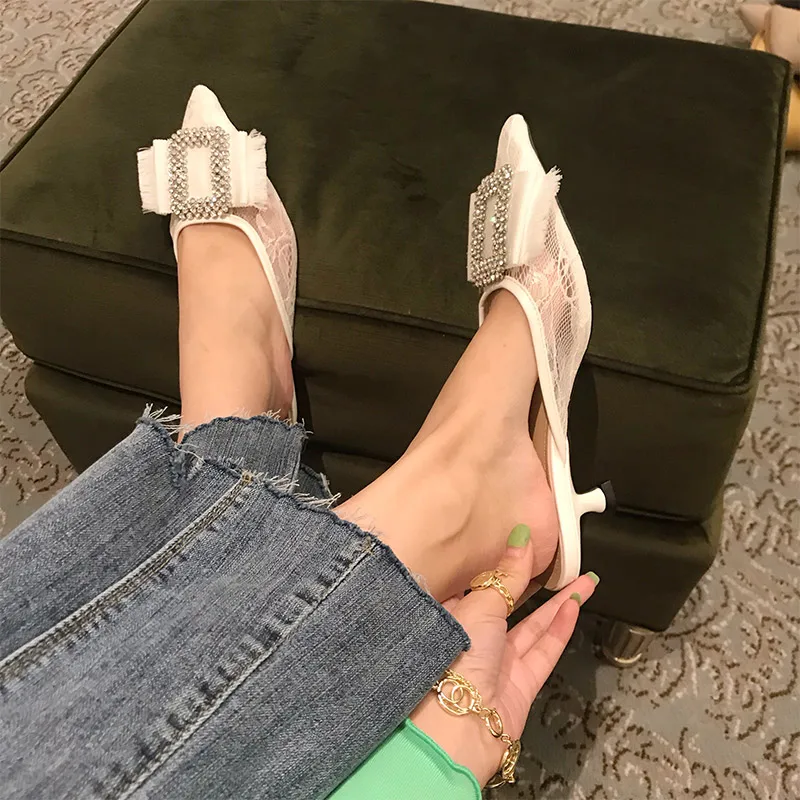 MONMOIRA Kitten Heel Luxury Rhinestone Women Mules Sexy Pointed Toe Heels Shoes Women Elegant Lace Wedding Shoes for Women E0757