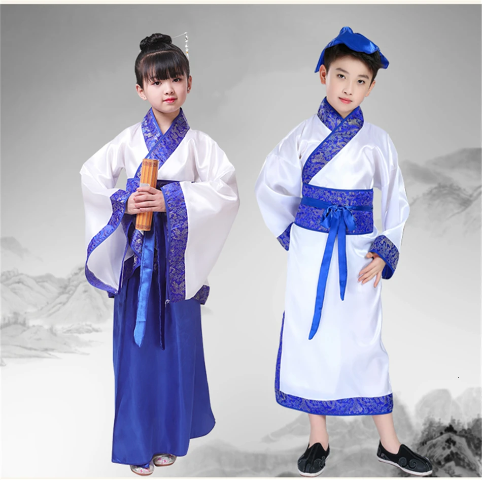 Детский традиционный старинный китайский Hanfu карнавальный наряд народного танца Костюм Книги по истории культуры, для выступлений на сцене Костюмы для девочек