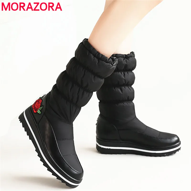 

MORAZORA 2020 HOT SALE Snow boots female shoes platform booties thick fur warm down mid calf boots women flower cotton shoes