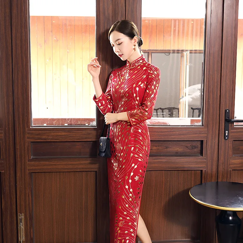 Женское сексуальное платье Ципао в китайском стиле, замшевое, новинка, длинное классическое Ципао, воротник-стойка, вечернее платье красного цвета, большой размер 3XL-5XL